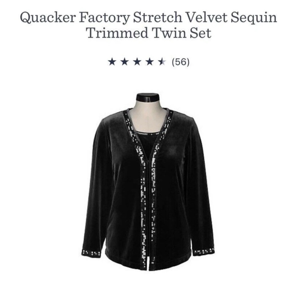 Quacker Factory 1X Stretch Velvet Sequin Cardigan Tank Cami Twin Set Black